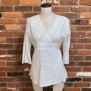 White Embroidered Tie Waist V Neck Top Size XS